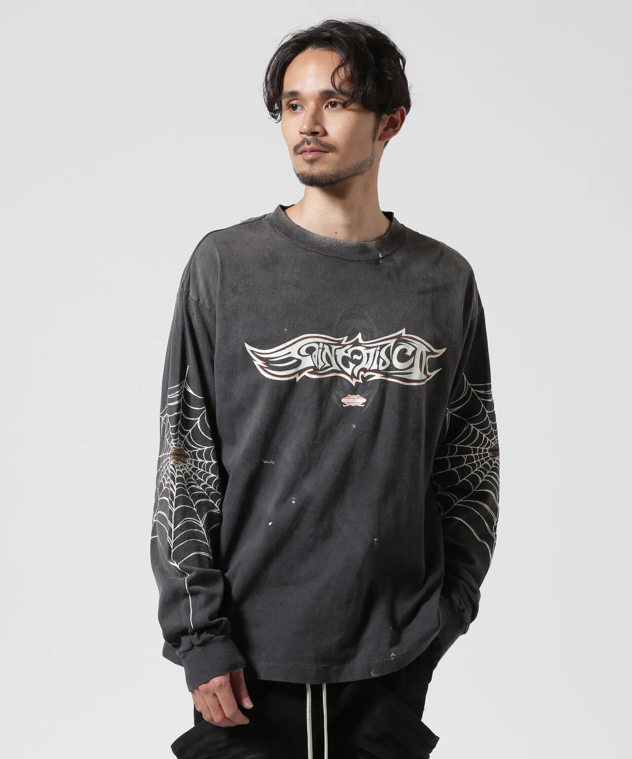 SAINT Mxxxxxx × TEFLON DISCO ML_LS TEE/INSANITY/BLK Spider Web INSANITY Distressed Long Sleeves Washed Black S-XL Ready-to-wear Assute dyeing Maliu water spray fading treatment Customized TEFLON DISCO co-branded accessories Hand-splashed ink Wormhole fraying treatment Authentic level printing process
